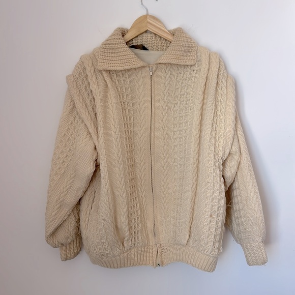 Branigan Weavers Full Zip Cream Sweater Jacket Large 100% Wool - Picture 1 of 8